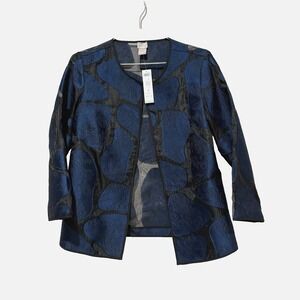 Chico's Travelers Jacket Size 0 (4/6) Blue Giraffe Print Sheer Organza Jacquard